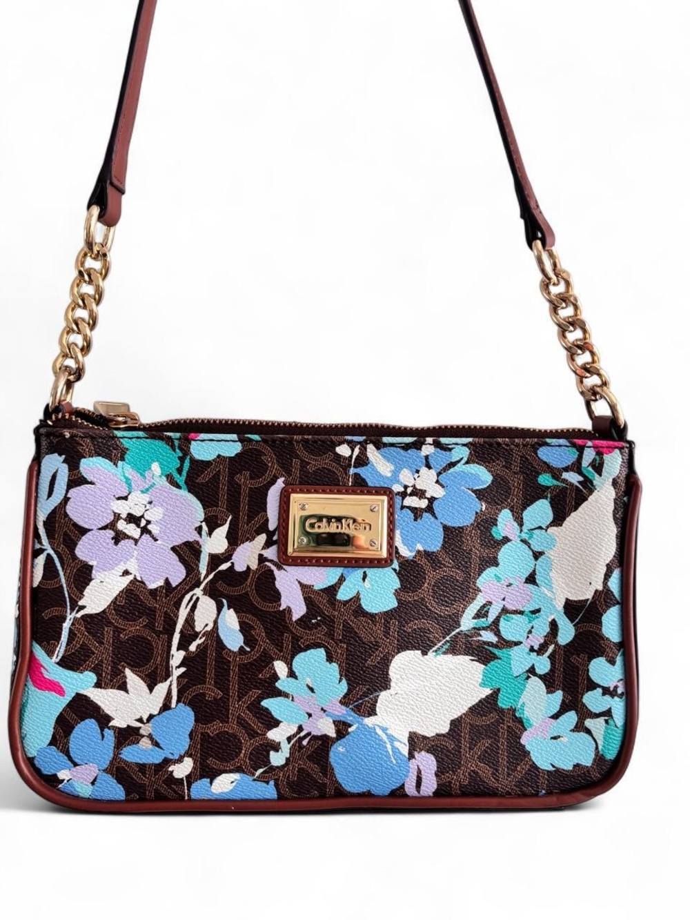 Floral Shoulder Bag Colorful Brown Calvin Klein Gold Hardware Purse - Picture 4 of 10